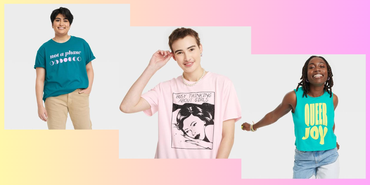The Target Pride 2023 collection in a downward angle: a shirt that says 