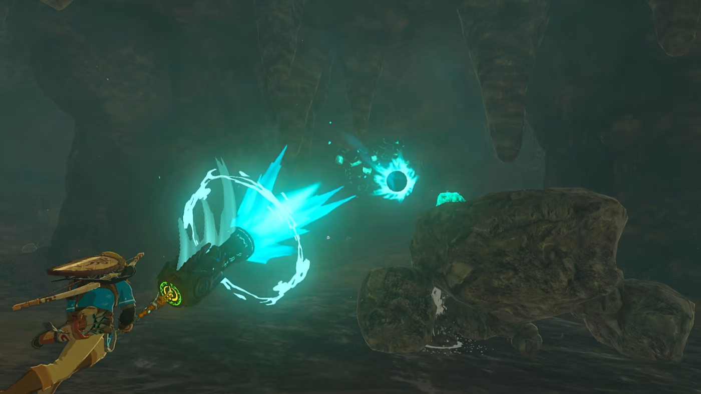 Link blasts a new weapon. 