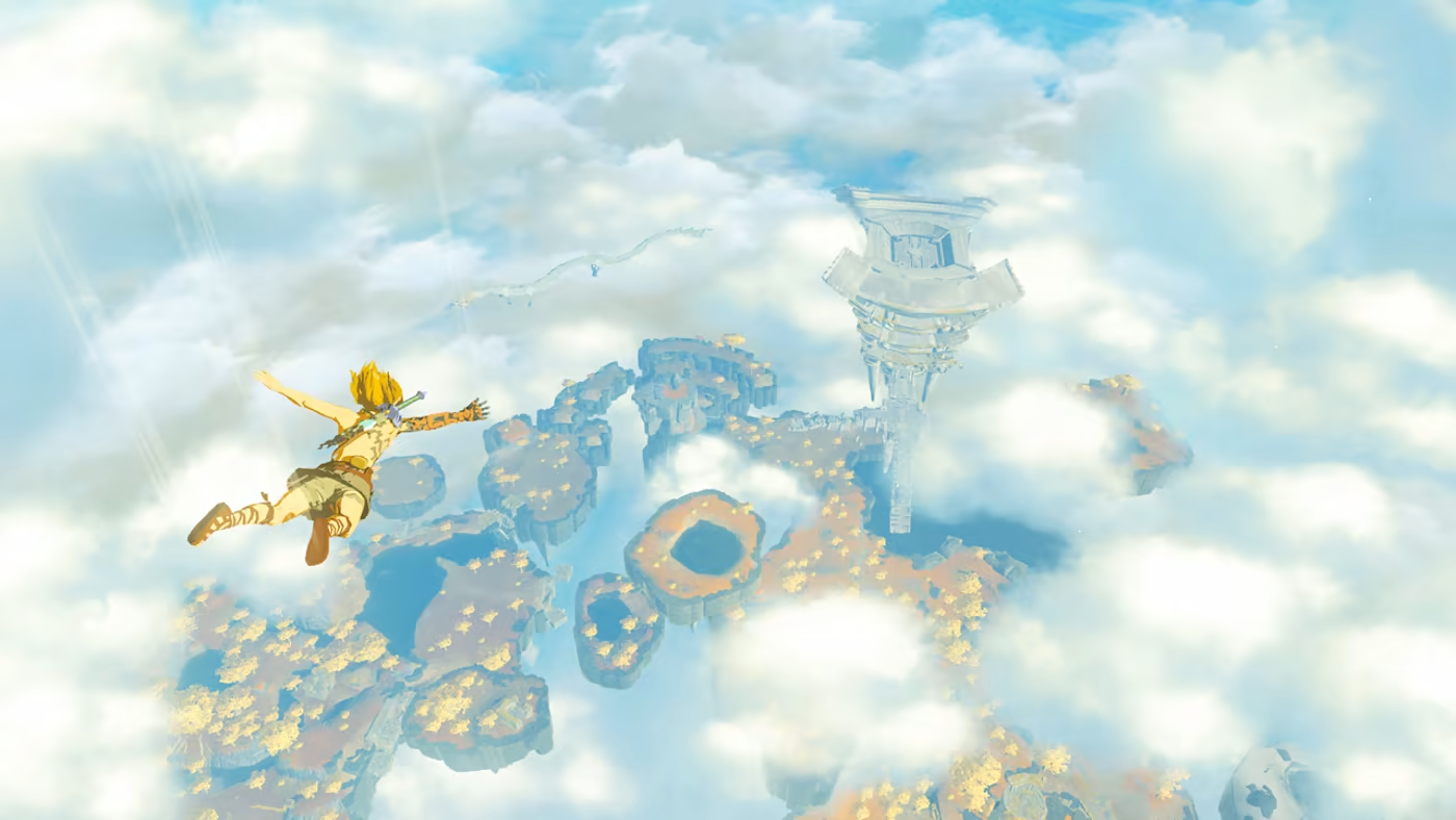 Link flys through the air. 