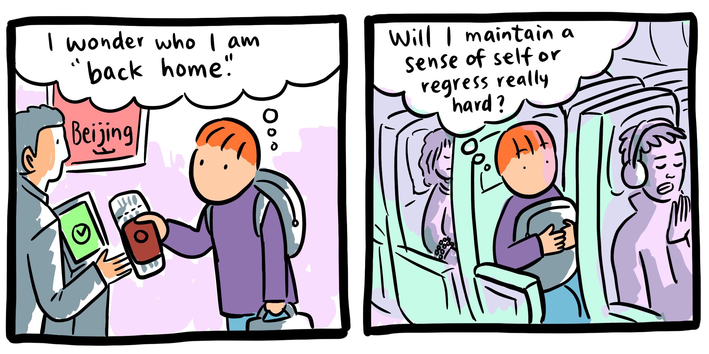 Two panel comic of Baopu, an Asian queer person with red hair. In the first panel Baopu is buying a plane ticket home and asking, 