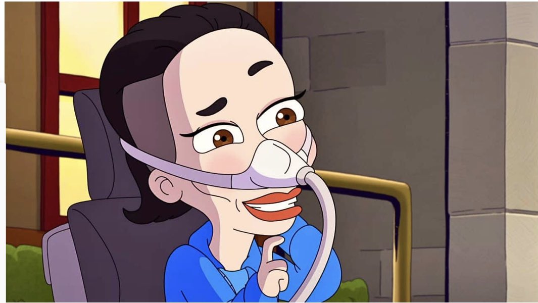An animated version of Alice Wong — in her trademark cherry red lipstick — on Human Resources