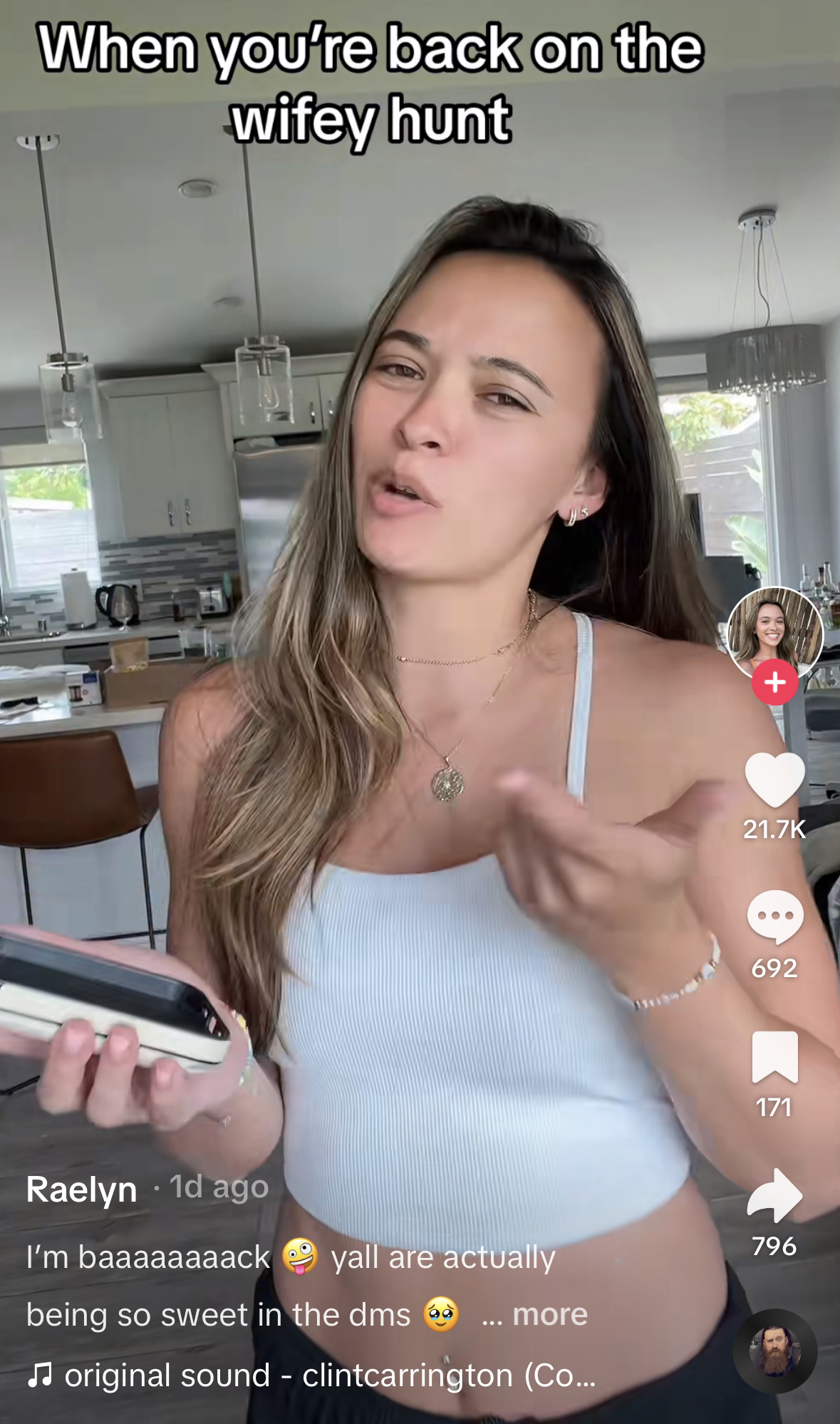 Rae tiktok saying "when you're back on the wife hunt'
