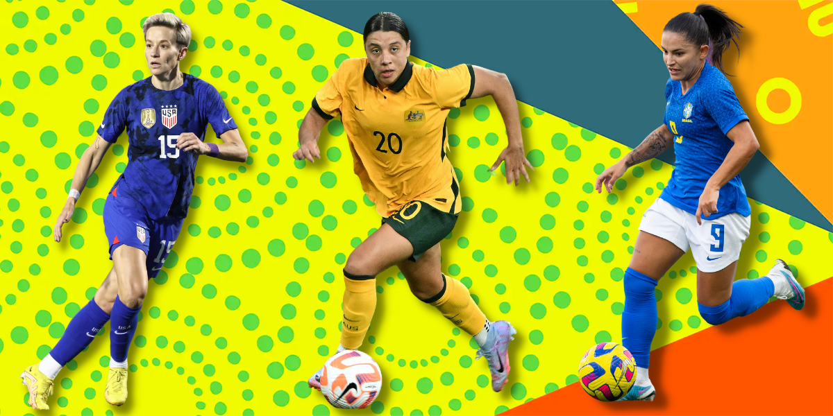 Megan Rapinoe, Sam Kerr, and Debinha against an abstract neon World Cup background
