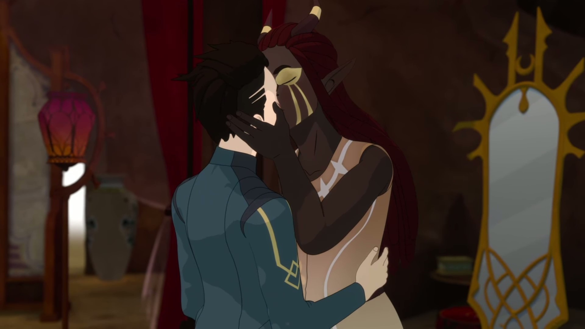 Janai caresses Amay's face and kisses her in The Dragon Prince season five