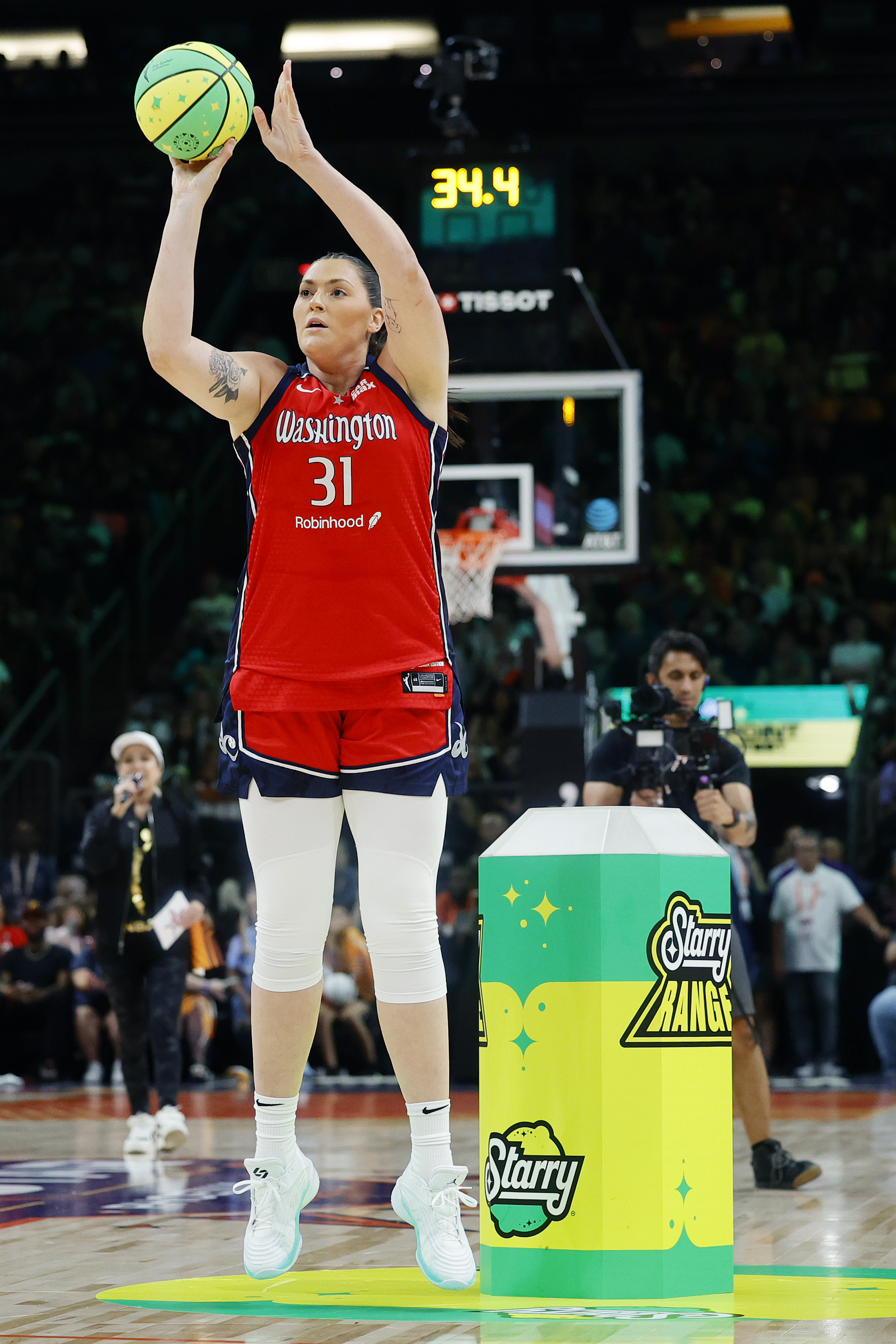 PHOENIX, ARIZONA - JULY 19: Stefanie Dolson #31 of the Washington Mystics shoots the ball during 3-Point Contest ahead of the 2024 WNBA All-Star Game at Footprint Center on July 19, 2024 in Phoenix, Arizona. NOTE TO USER: User expressly acknowledges and agrees that, by downloading and or using this photograph, User is consenting to the terms and conditions of the Getty Images License Agreement. (Photo by Alex Slitz/Getty Images)