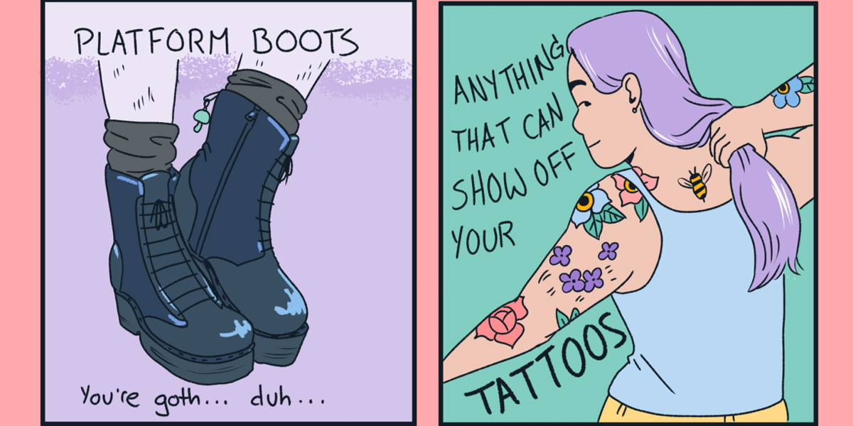 Two comic panels, in the colors of peach, purple, and turquoise. On the left is an image of combat boots, and on the right is an image of a queer person covered in tattoos.