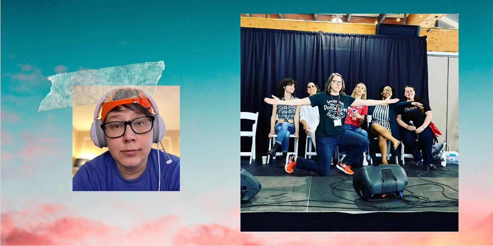 A collage of Heather Hogan taped on top of a blue and orange sky, next to an image of the Autostraddle TV Team (left to right: Drew, Kayla, Riese, Carmen, Valerie) at A Camp with Heather in front of us.