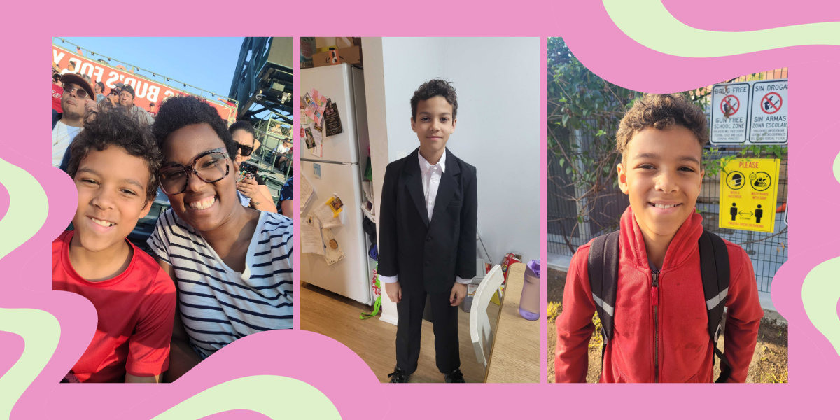 The author Sai and her son taking a selfie, Sai's son in a suit, and Sai's son in a red jacket and backpack smiling