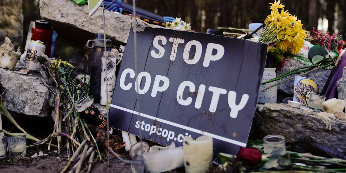 A makeshift memorial for environmental activist Manuel Teran, who was deadly assaulted by law enforcement during a raid to clear the construction site of a police training facility that activists have nicknamed 