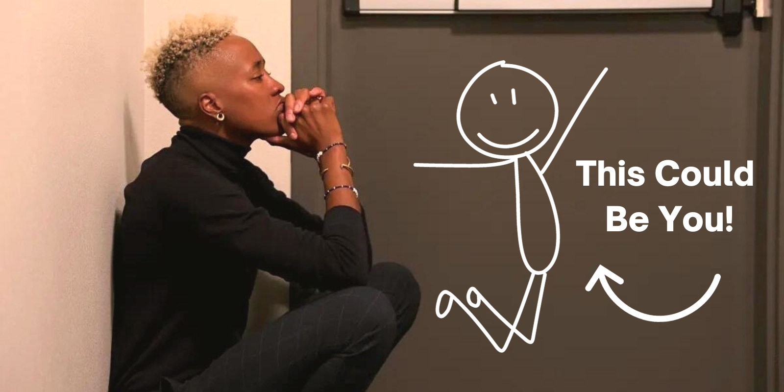 Mal from the Ultimatum Queer Love sits next to a door, The Ultimatum Queer Love Season Two is casting now, and there is a stick figure drawn over the image that says 