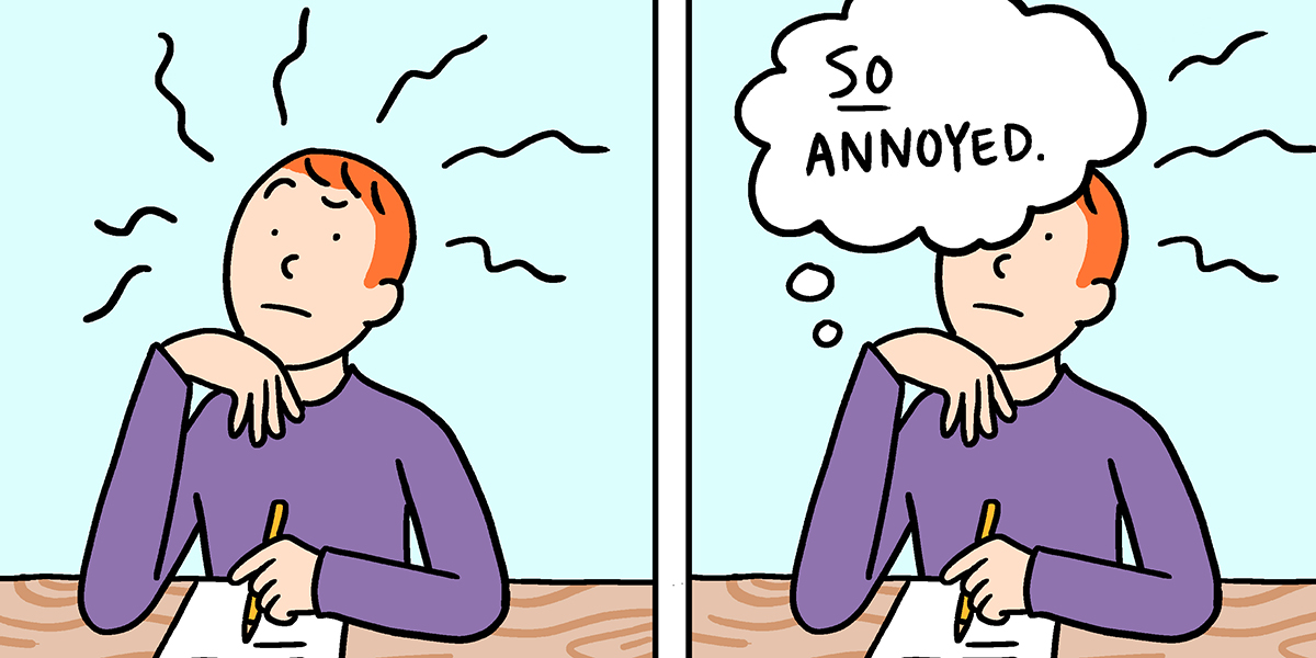 Baopu, a red-haired Asian person, is drawn sitting at a desk in a two panel comic. They are working on a piece of writing and thinking to themself, 