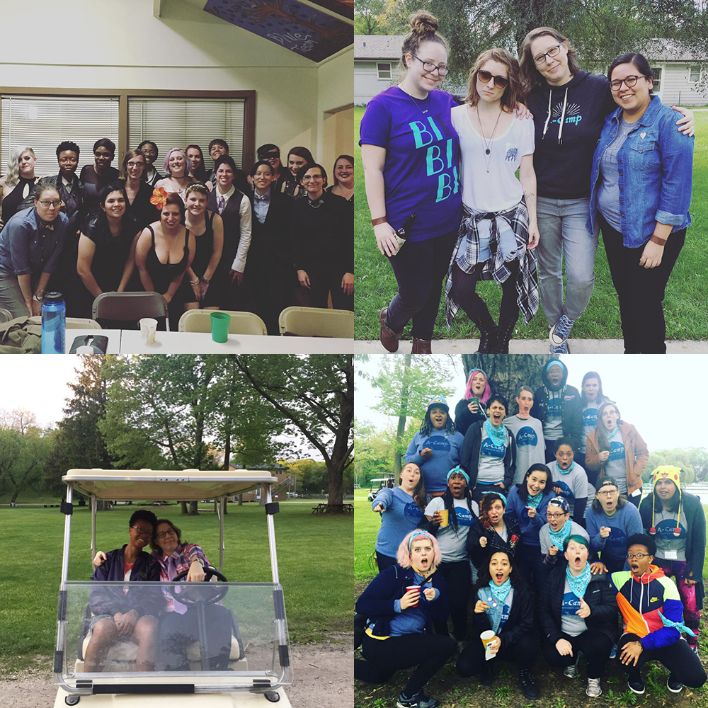 Four photos of lots of queer people from A-Camp Wisconsin.