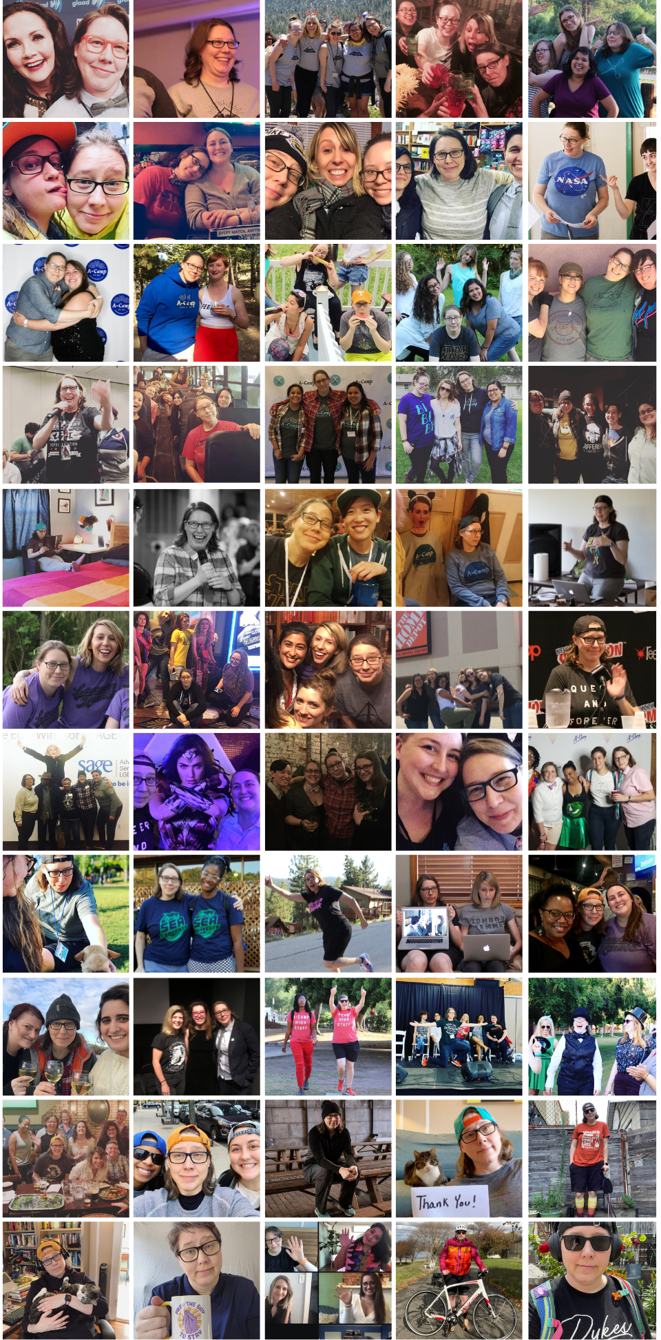 Row One; Heather with Linda Carter at the GLAAD Awards, Heather laughing at 2015 camp, heather and the senior eds at the senior eds hike; yvonne, rachel, riese and heather toasting at senior staff shakedown 2015; laneia, rachel, yvonne and heather in a goffy team pic from senior staff shakedown 2015. row 2: stacy & Heather at 2015 pride, heather and valerie at a bar; heather, riese and rachel at riese's house in michigan; heather with kaitlyn and austen at gabby's book party, heather ina nasa t-shirt at 2016 camp. row 3: heather & valerie at the 2016 camp met gala; heather with a camper; sarah, rachel & heather eating BBQ on riese's porch at 2016 shakedown; 2016 shakedown team pic; heather with a-campers. Row 4: heather at a conference addressing the room; heather on the bus to 2016 fall camp; heather, yvonne and isa on the 2016 fall camp red carpet; rachel, laneia, heather and yvonne in the rain after 2016 camp; heather with the dark arts in brooklyn. row 5: heather in her bedroom; heather laughing on the mic at 2017 camp, heather smiling with a camper, heather sitting next to sarah paulson cut-out at 2017 camp, heather leading a workshop at camp. row 6: riese & heather from team photoshoot 2017; heather, rachel, laneia and riese posing by the "rough night" sign; sarah/riese/laniea/heather getting ready to go out to an autostraddle meetup in ypsilanti; the whole senior team posing in front of home depot, heather on a panel at flamecon. row 7: heather at a SAGE event; heather & valerie seeing wonderwoman; heather with dark arts at a bar with exposed bricks; heather & valerie just being cute; heather & her cabin at 2018 camp dance row 8: heather at 2018 cap petting carol; heather & sam in their matching tees at 2018 camp; heather in her gender traitor t-shirt on the street in big bear; heather on the couch with riese showing the camera that she is watching carol on her laptop; carmen, heather & valerie at a bar in NYC row 9: wine photoshoot with meg/heather/kayla in december 2018; heather after a buffering live show; heather with her arms in the air and thumbs up at 2019 camp; heather and the tv team at the tv team panel; haether in her gentleman jack outfit at camp 2019 row 10: heather and team at bitches brew in queens in 2019; nic, heather & valerie in 2019 in nyc, heather at the REI meet-up in december 2019; heather in her apartment with a "thank you" sign and her cat; heather in her backyard with a cane and knee socks and sunglasses row 11: heather in her backwards hat holding her cat in her home office; heather with "pray the gay to stay" mug; heather/sarah/kayla/riese on a group zoom; heather with her bicycle; heather in her dykes tee