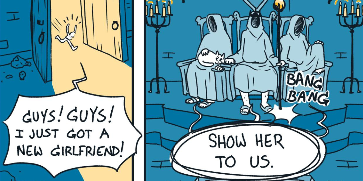 a comic: a lesbian runs into a dungeon shouting 