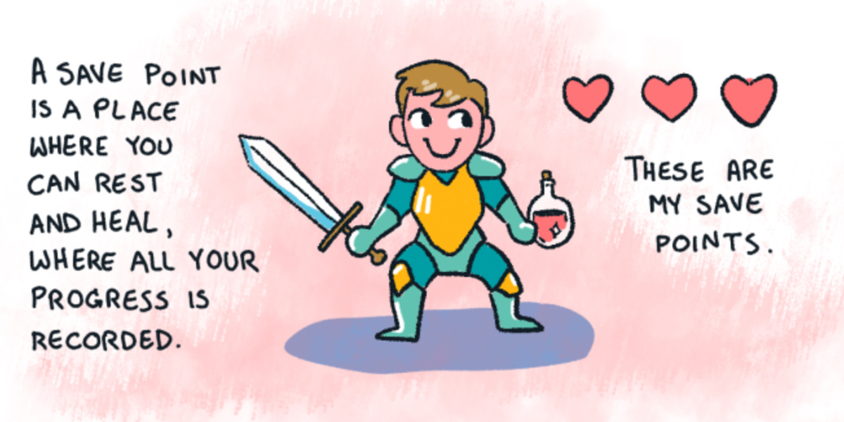 An illustration of the artist, Rea, as a video game character. The on screen text reads: A SAVE POINT IS A PLACE WHERE YOU CAN REST AND HEAL, WHERE ALL YOUR PROGRESS IS RECORDED.THESE ARE MY SAVE POINTS.