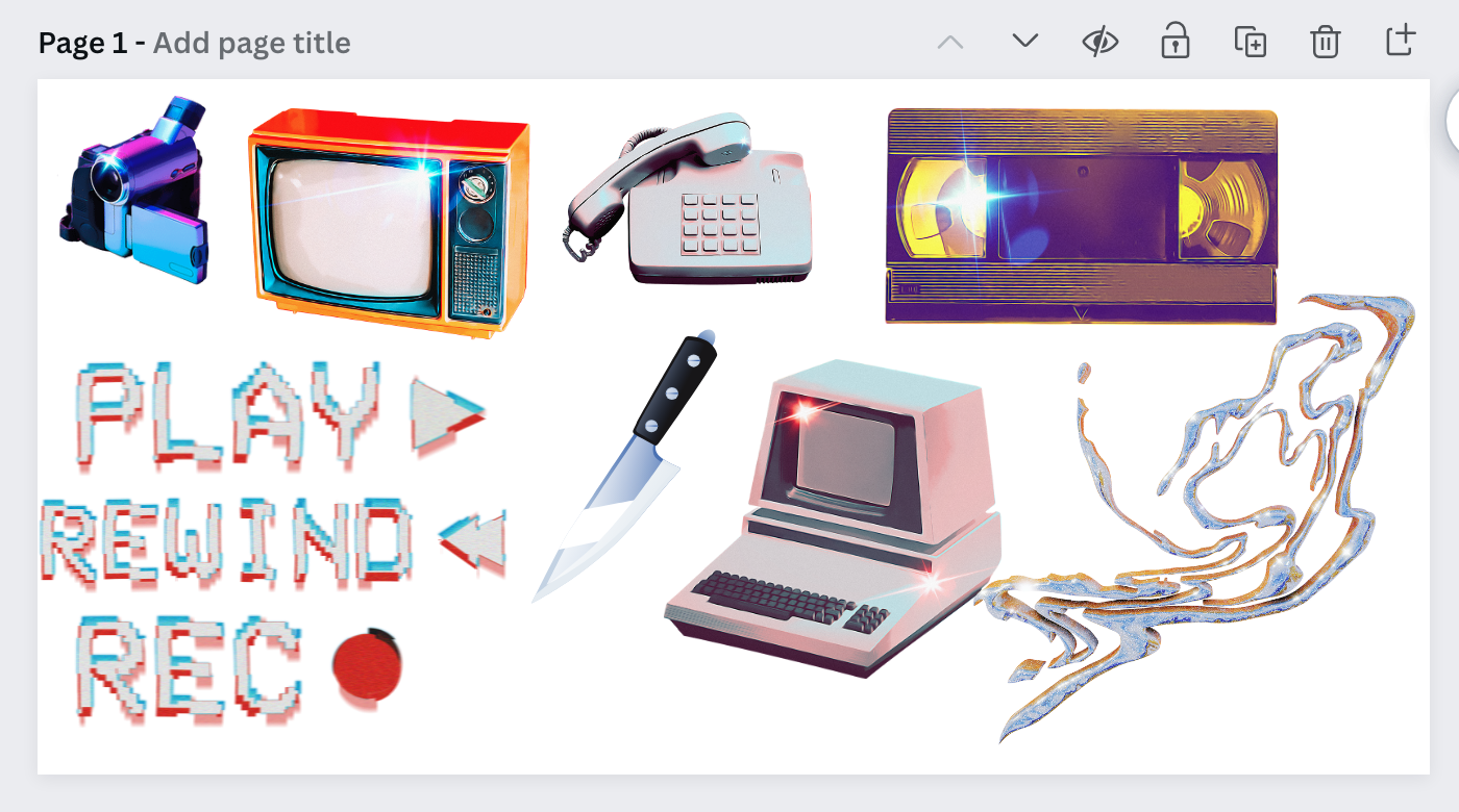 a screenshot of a Canva project with stickers of retro cam corders, televisions, VHS tapes, a computer, a knife, a phone, and play, reqind, record stamps
