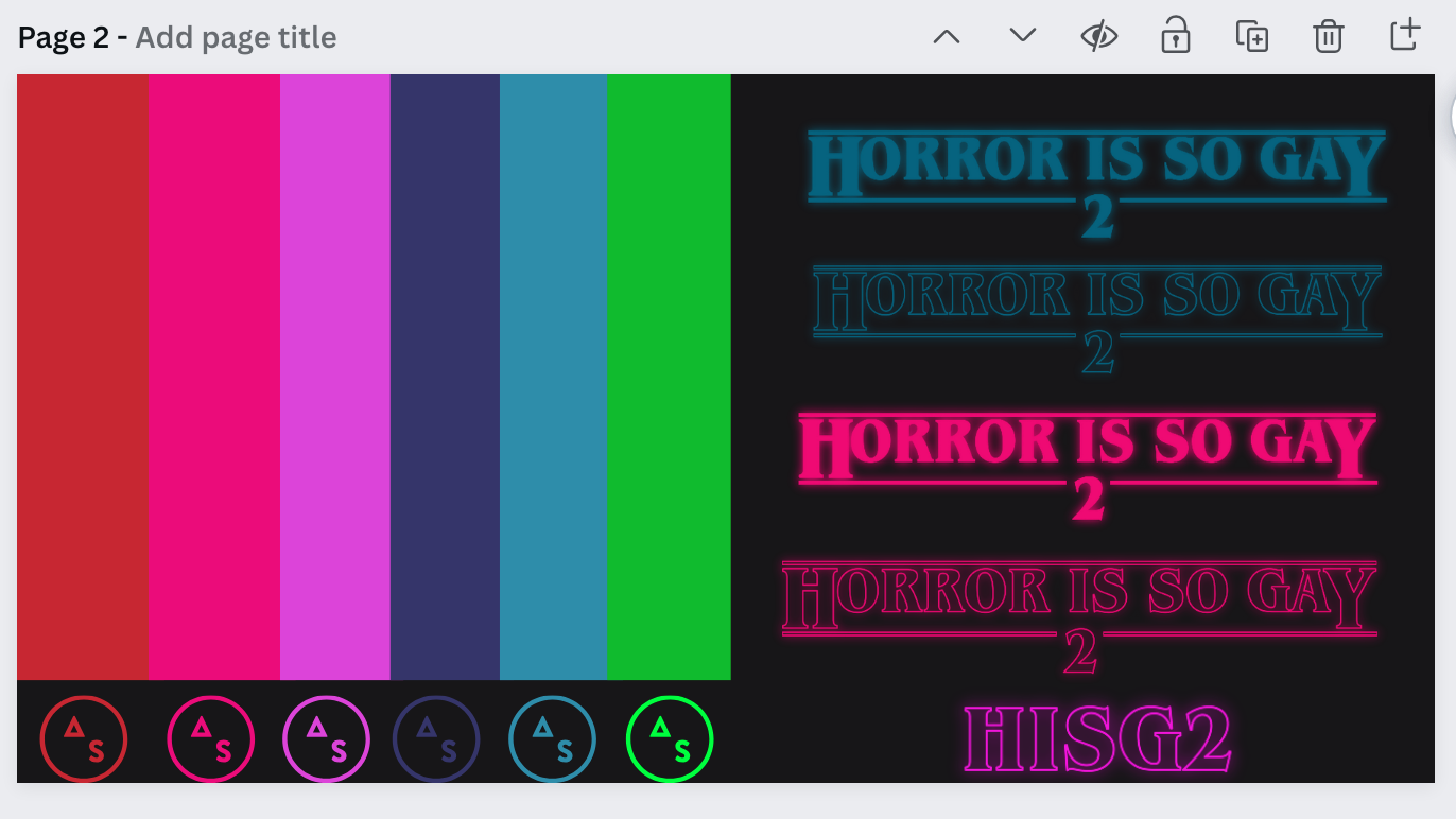 a color palette of red dark pink, magenta, navy blue, sea blue, and neon green with HORROR IS SO GAY written in each color and the Autostraddle logo