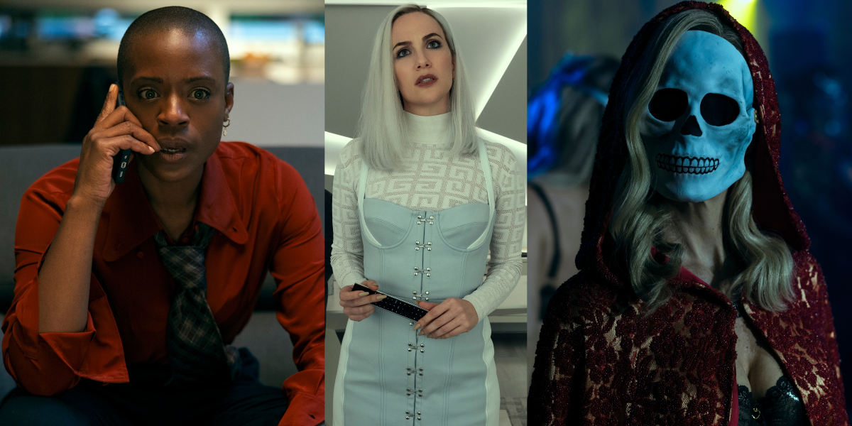 Screenshots from The Fall of the House of Usher: T'Nia Miller as Victorine, Kate Siegel as Camille, and a woman in a red cloak wearing the Masque of the Red Death.