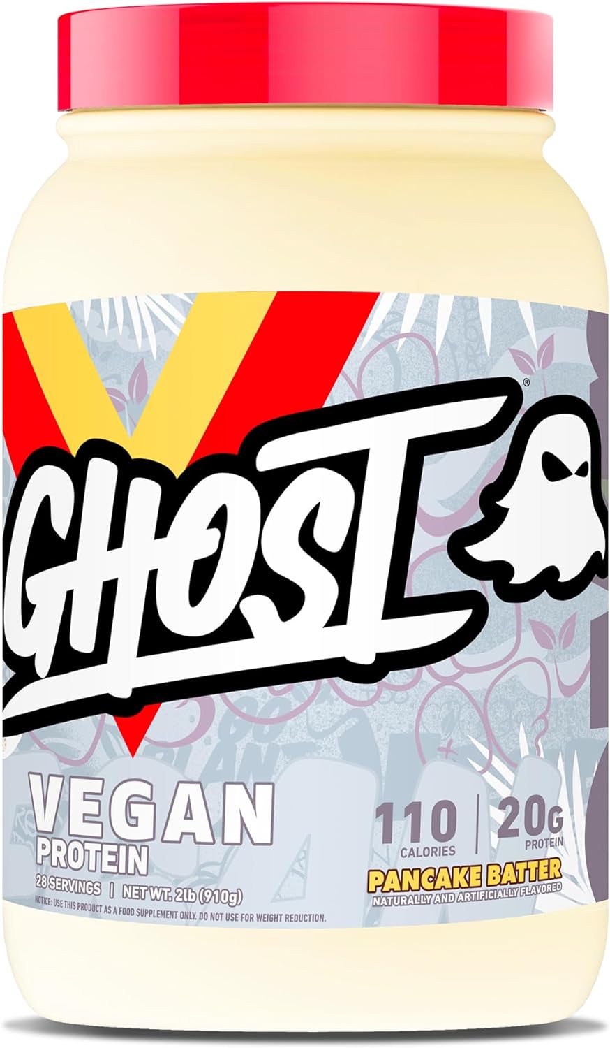 a container of ghost protein powder in pancake batter flavor