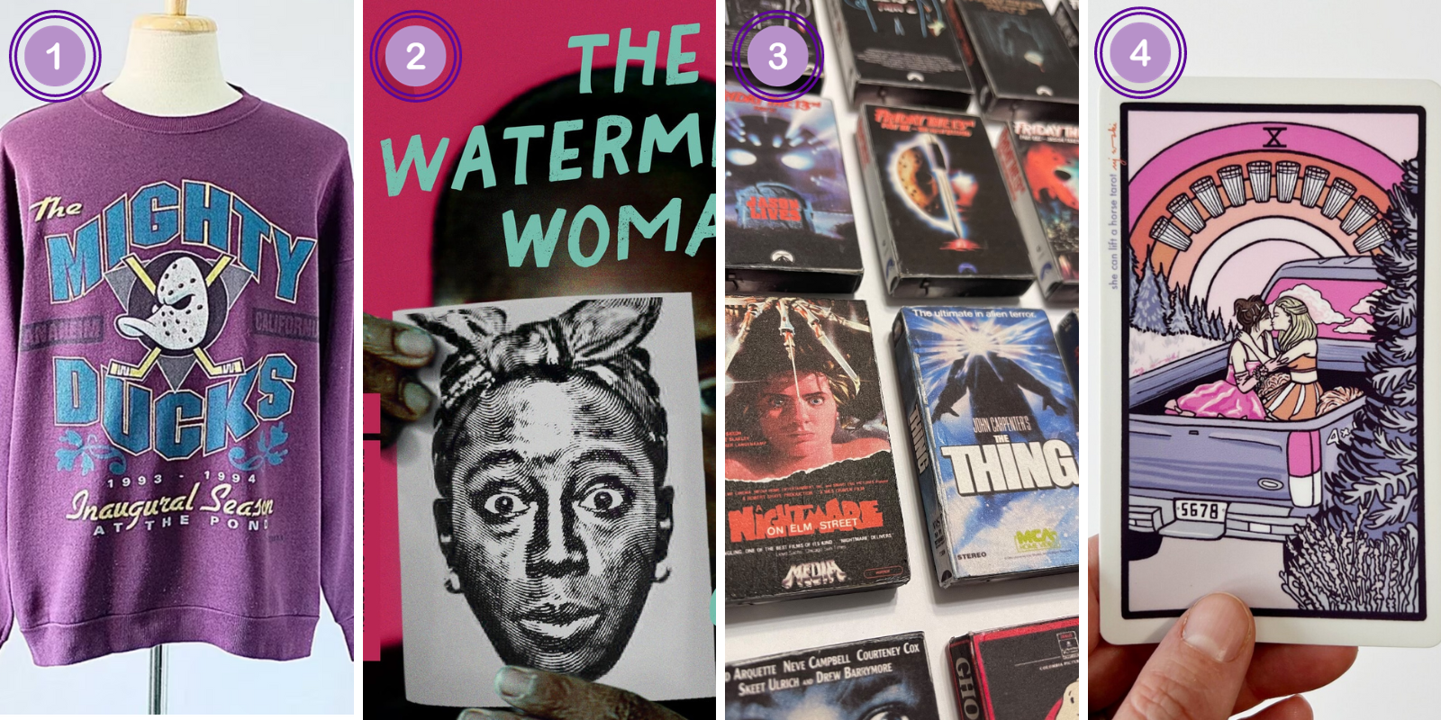 1. 90s-Style Mighty Ducks Sweatshirt (size S-3XL, $38-46)2. The Watermelon Woman Criterion Collection Blu-Ray ($32) 3. Retro VHS Magnets ($5) 4. But I'm a Cheerleader sticker ($9)