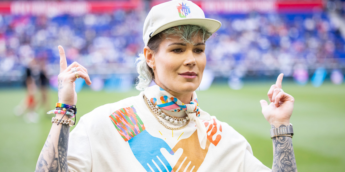 Ashlyn Harris shows off her Pride attire before the National Womens Soccer League Pride Night match against San Diego Wave at Red Bull Arena on June 4, 2023 in Harrison, New Jersey.