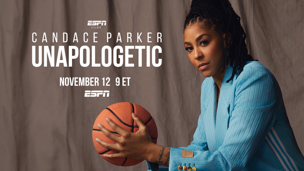 Candace Parker, sitting on the right side of the photo, wearing a carolina blue suit and holding a basketball. the photo reads: ESPN Candace Parker Unapologetic November 12 9PM