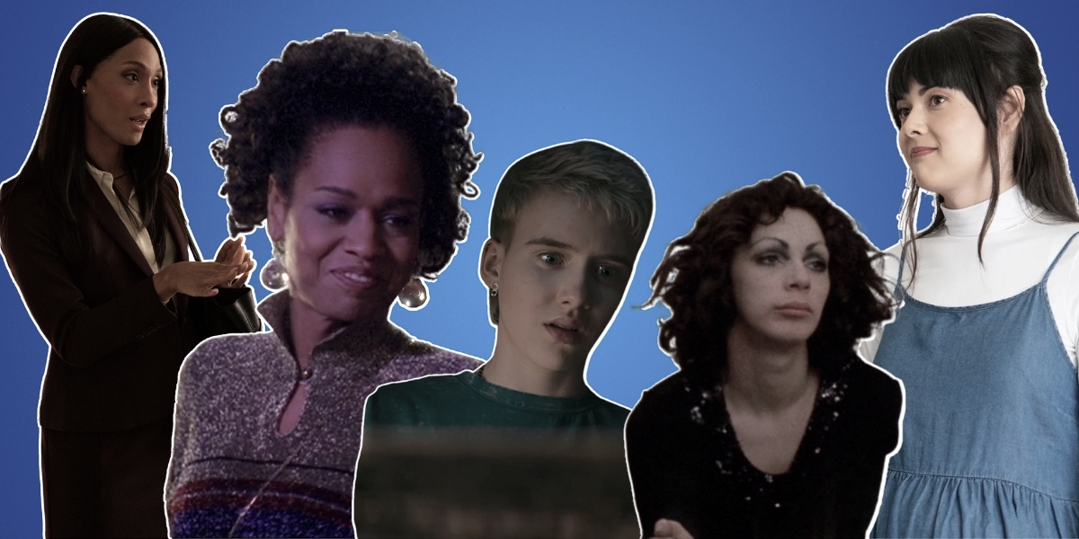 A desaturated collage against a blue background. Mj Rodriguez, Sandra Caldwell, Morgan Davies, Holly Woodlawn, and Patti Harrison.