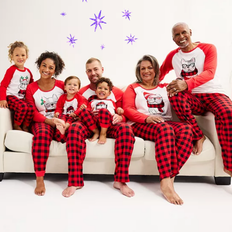 a large family wearing matching Frenchie Christmas pajamas