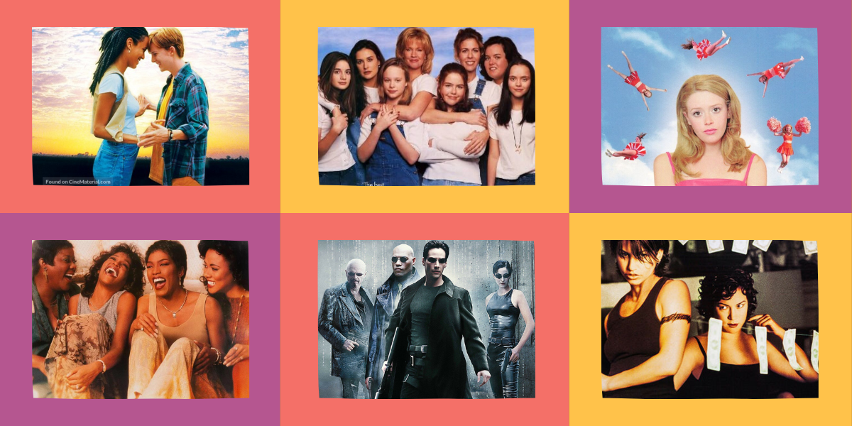 feature image collage: 2 girls in love, now an dthen, but i'm a cheerleader, waiting to exhale, the matrix and bound