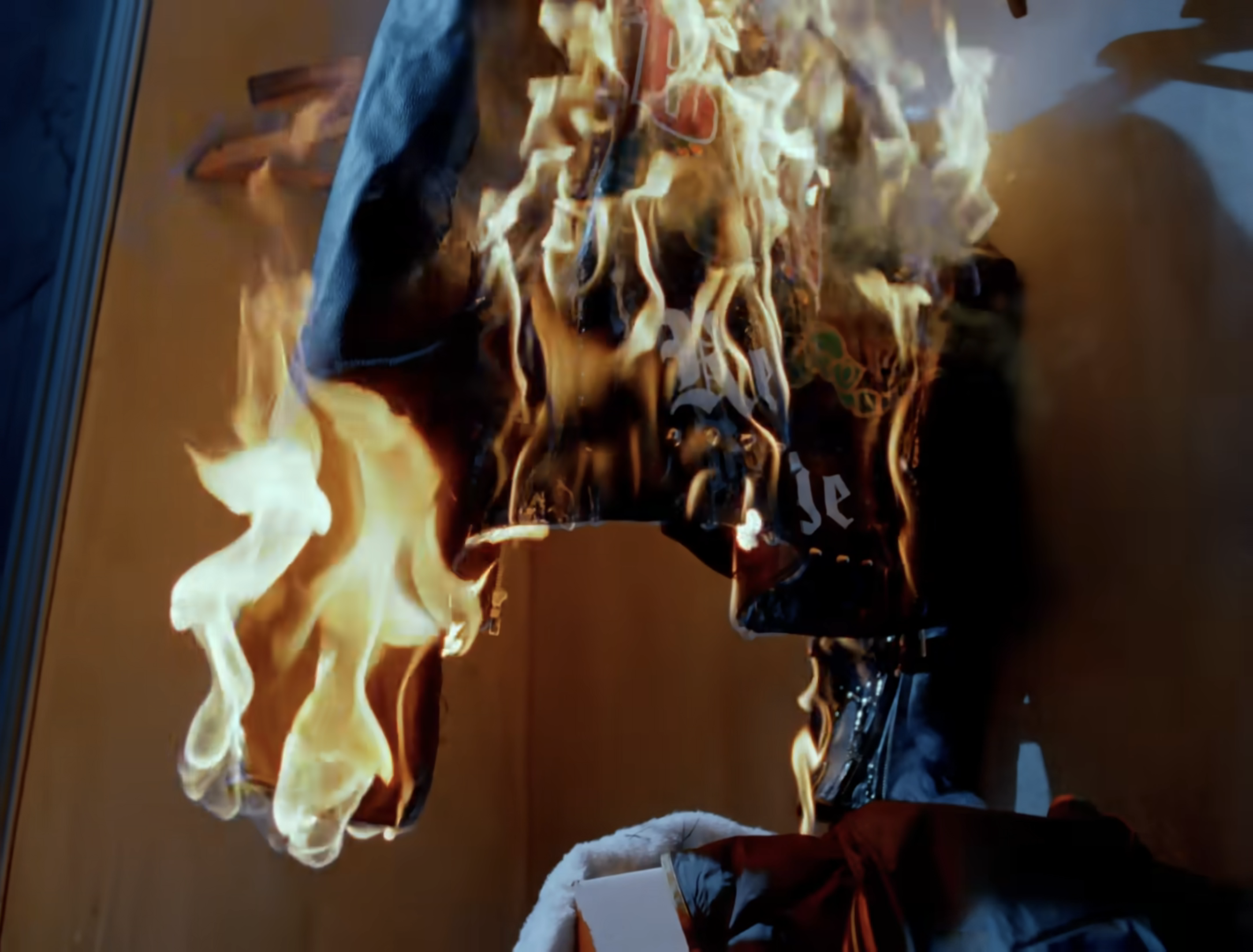 A leather jacket engulfed in flames