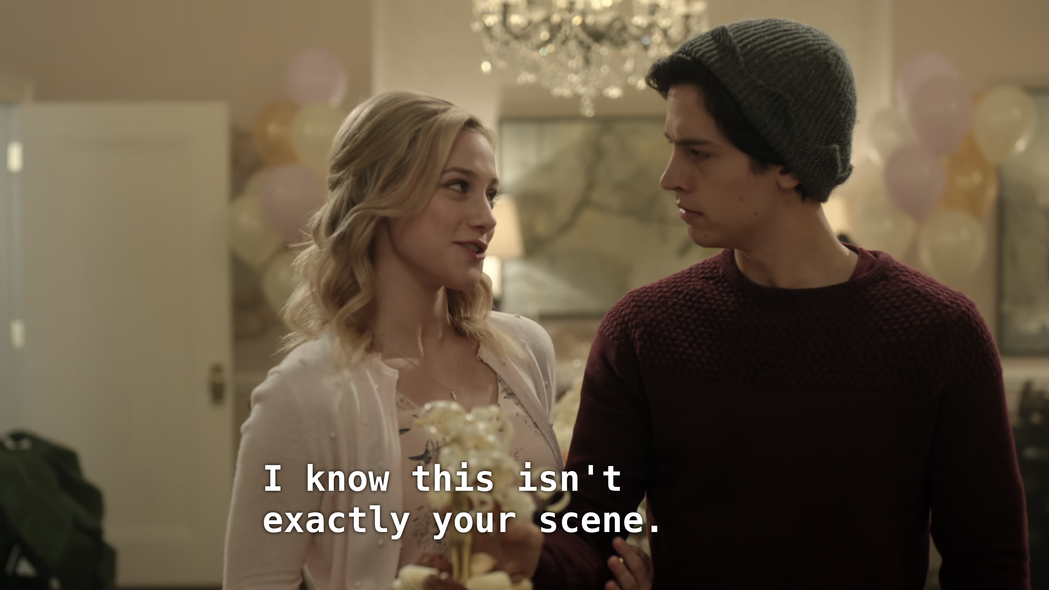 Betty talks to Jughead at the baby shower. Betty: I know this isn't exactly your scene.