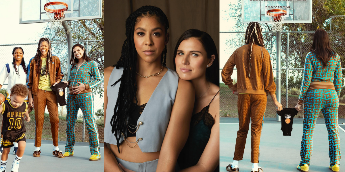 Candace Parker and wife Ana Petrakova announce pregnancy. The collage has three images of Candace Parker's announcement instagram, which show the Parker family on a basketball court with Anna Petrakova-Parker visibly pregnant.