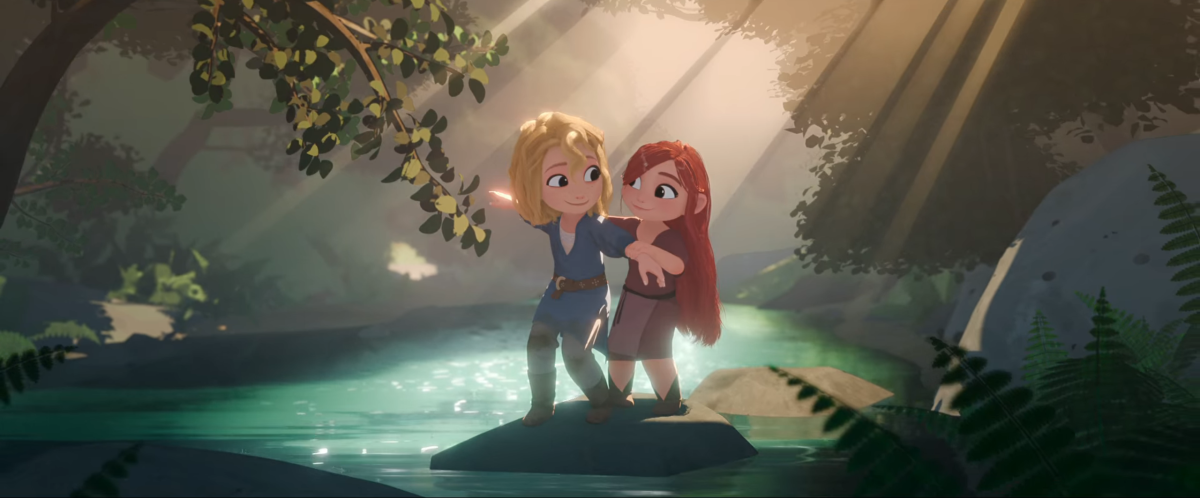 Two cartoon girls cross a river on a rock together.