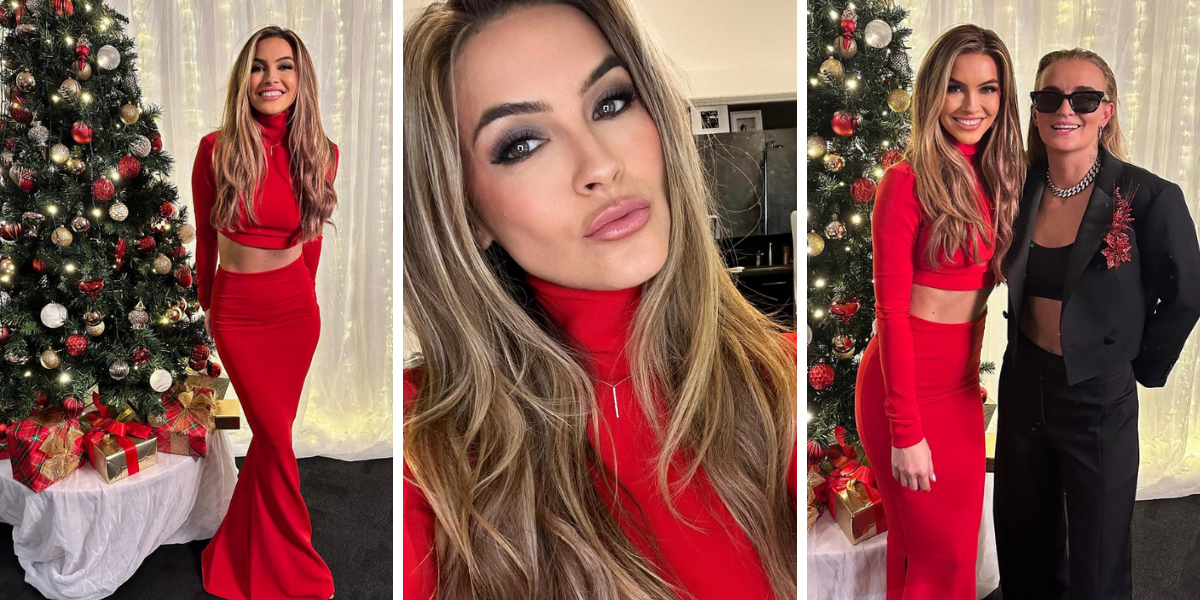 Chrishell next to a Christmas tree. Chrishell taking a selfie. Chrishell and G Flip next to a Christmas tree.