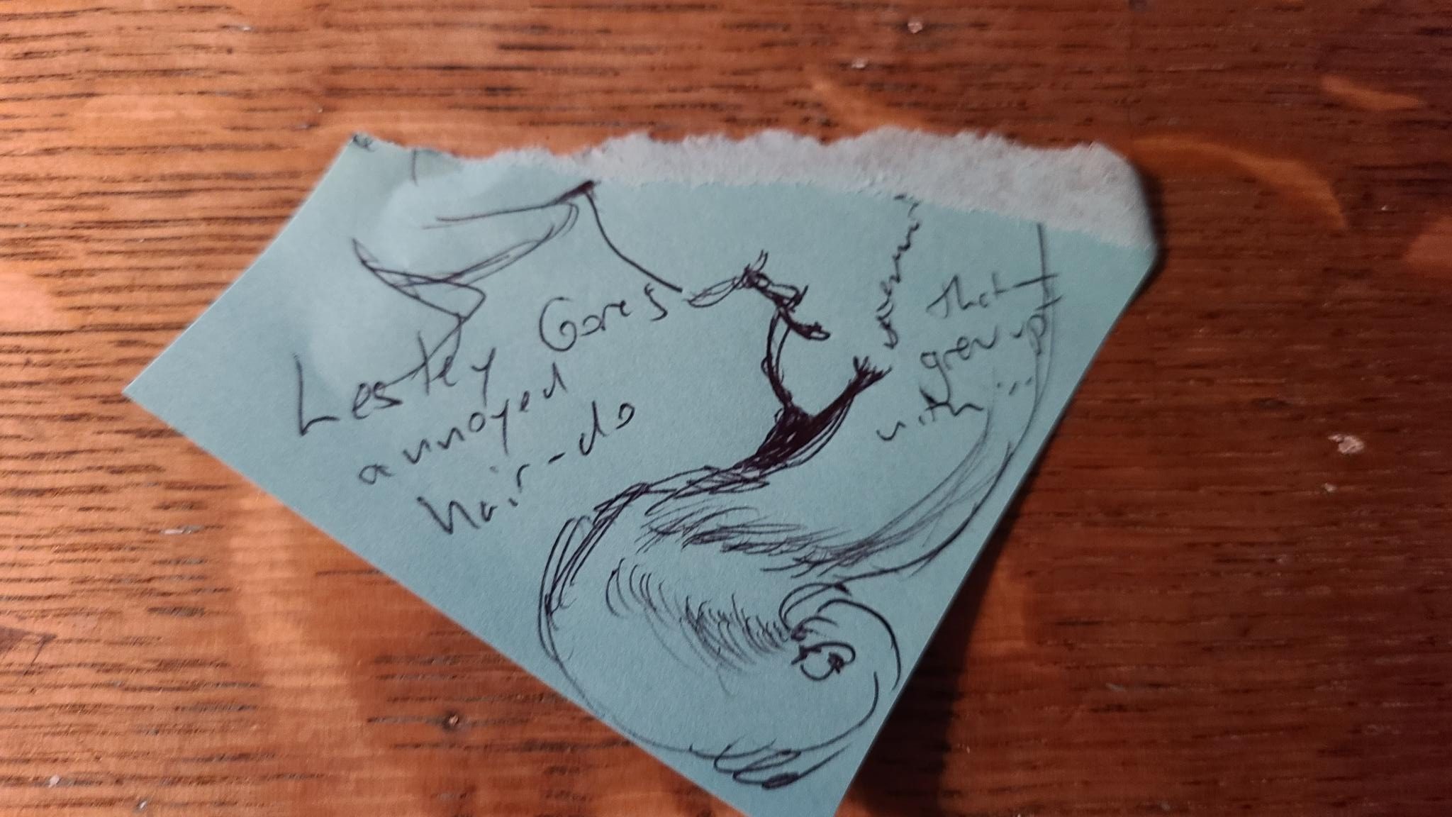 a half sketch on a post it of lesley gore's hair-do