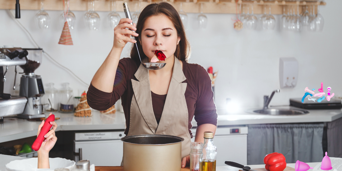 a woman samples a good sniff of menstrual cup and dildo soup in an autostraddle modified stock photo