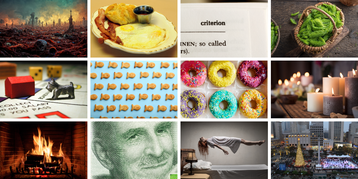 a collage of images representing the various things the team are obsessed with this month including post-apocalyptic narratives, biscuits with bacon, the criterion collection's collection of bergman films, spruce tips. monopoly go, maple flavored goldfish, gluten free doughnuts, candles and the making thereof, digital and otherwise ersatz fireplaces, horror movies as of yet unseen, and other peoples' christmas lights