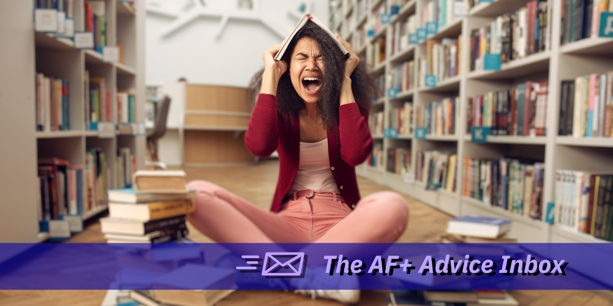 a Black girl screams in a college library with a book held on top of her head. text across the bottom reads 