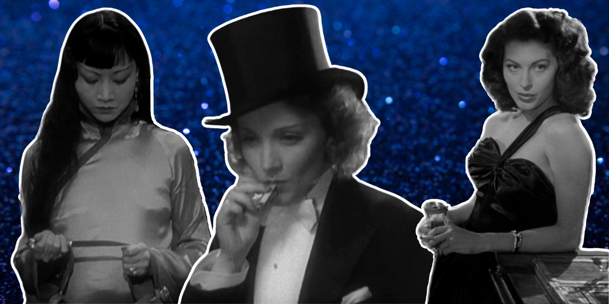 A sparkly blue background with images of Anna May Wong, Marlene Dietrich, and Ava Gardner