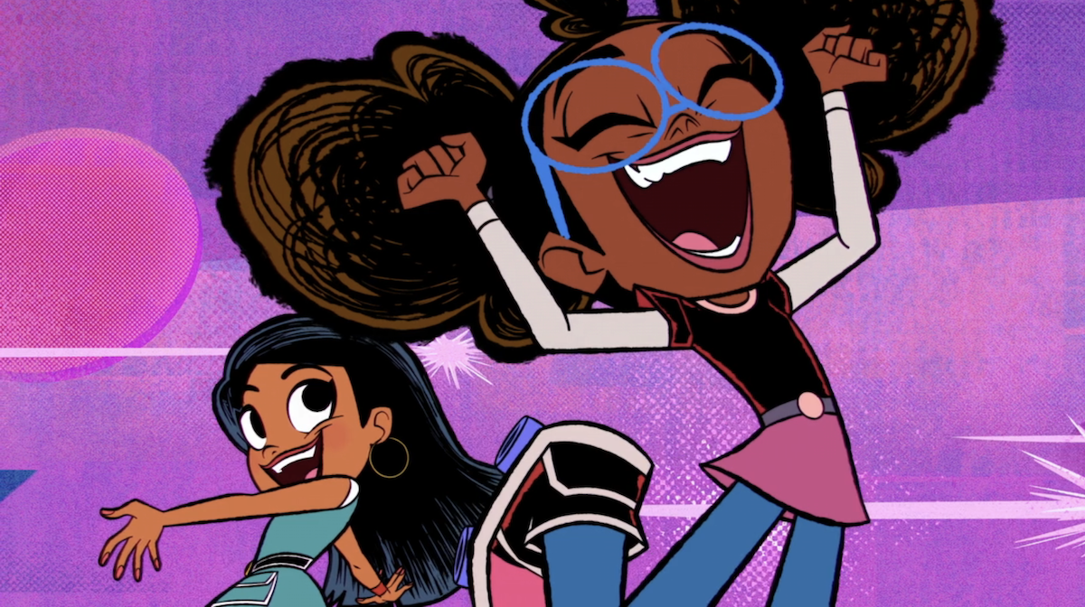 screenshot from moon girl and devil dinosaur of lunella leaping in the hair excitedly and casey looking on with joy