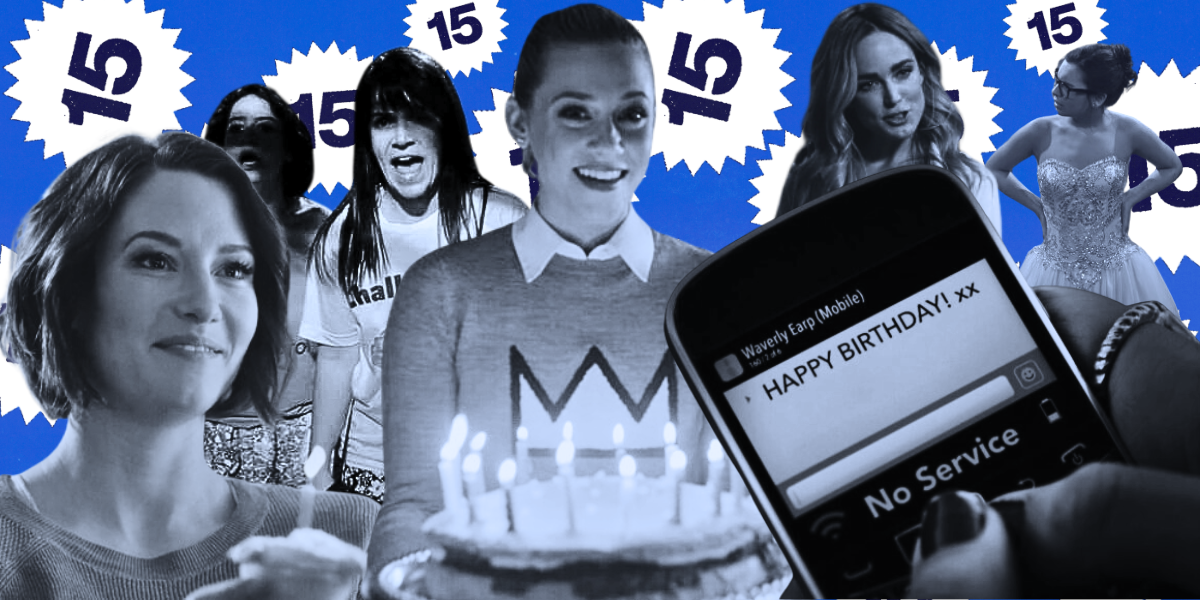 A collage of birthday parties from TV Shows (Supergirl, Broad City, Riverdale, Legends of Tomorrow, One Day at a Time) collaged together in blue tones to look in the style of a horror movie. There are 15s strewn about in the background, for Autostraddle's 15th birthday.