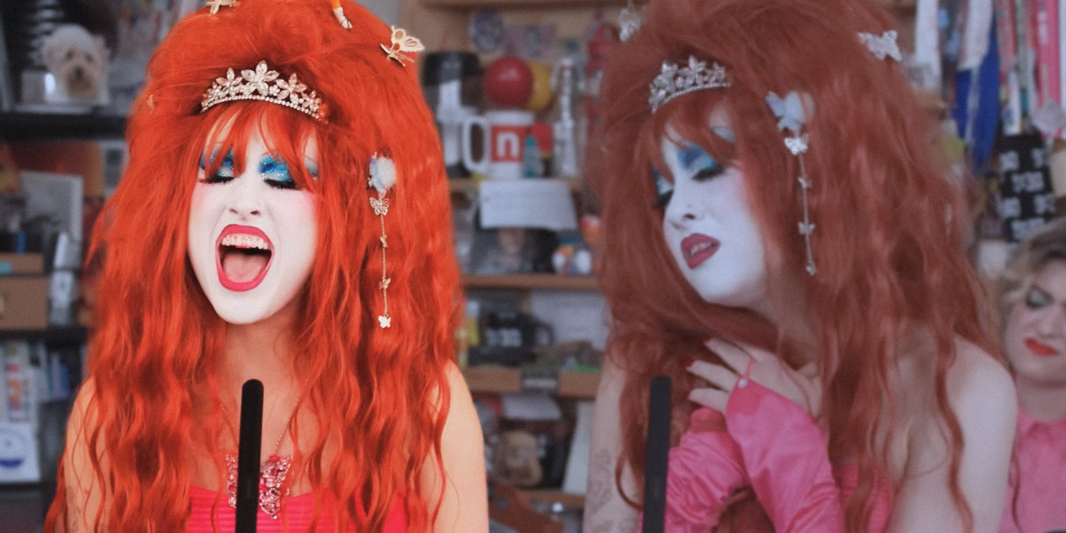 Chappell Roan Tiny Desk: Collage of two close up images, one where Chappell is singing with her mouth open and one where she's clutching her hands to her chest.