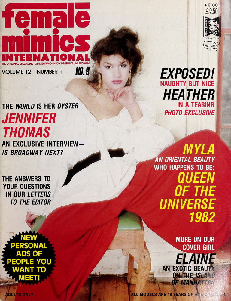 F.M.I. Female Mimics International Magazine Cover, The World is Her Oyster Jennifer Thomas An Exclusive Interview — Is Broadway Next?, A trans Latina with a flowy white off the shoulder top and big red pants poses.