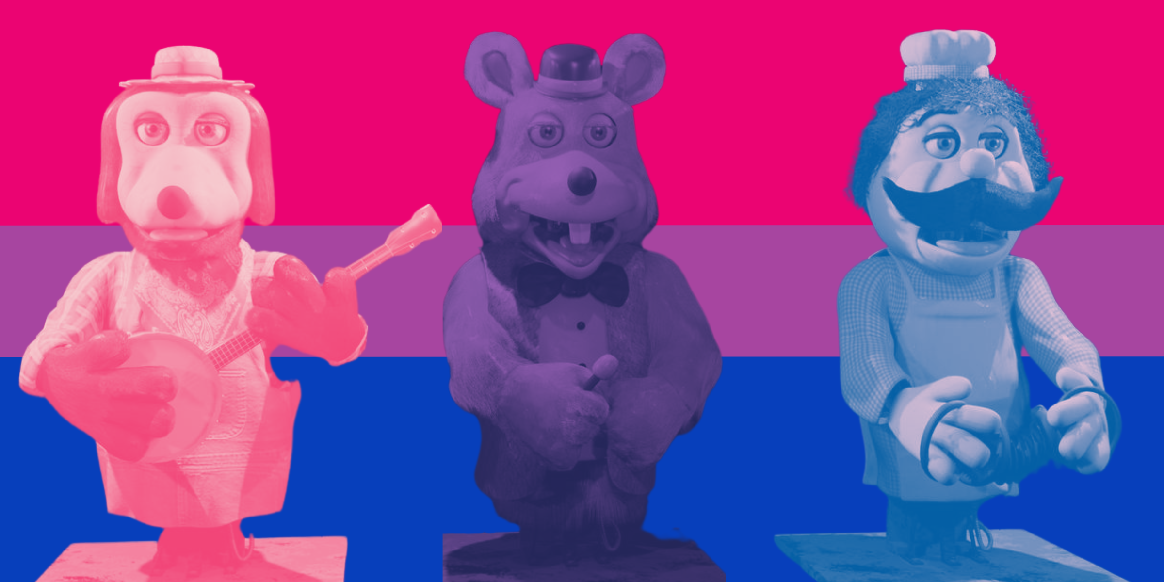 Chuck E. Cheese animatronics with the bi flag behind them