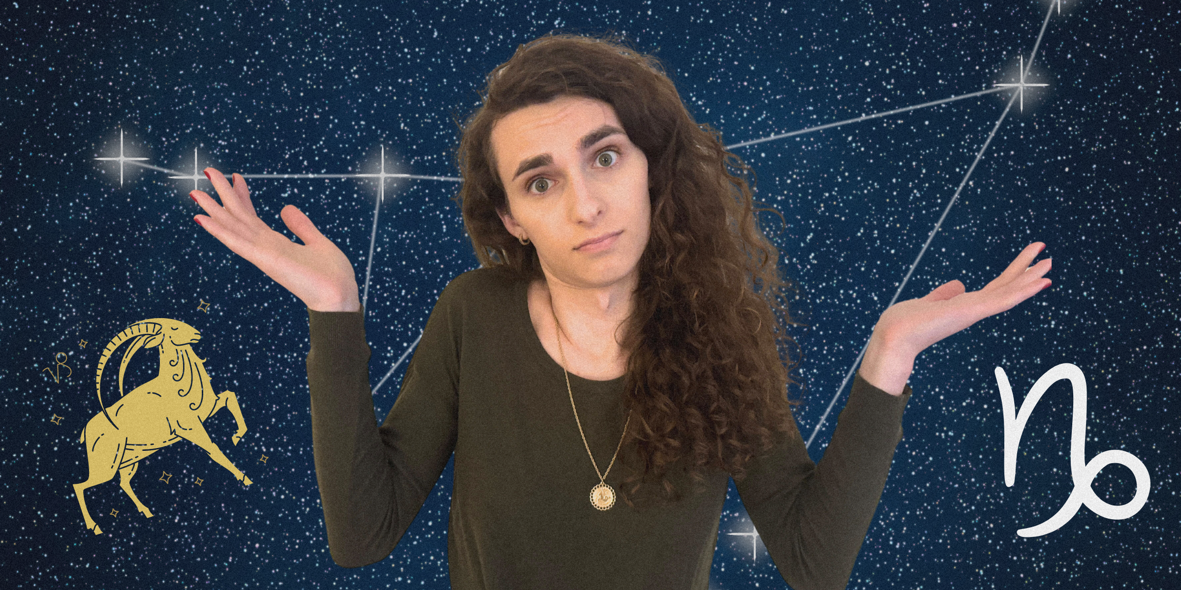 Drew shrugging aginst a background of the Capricorn constellation