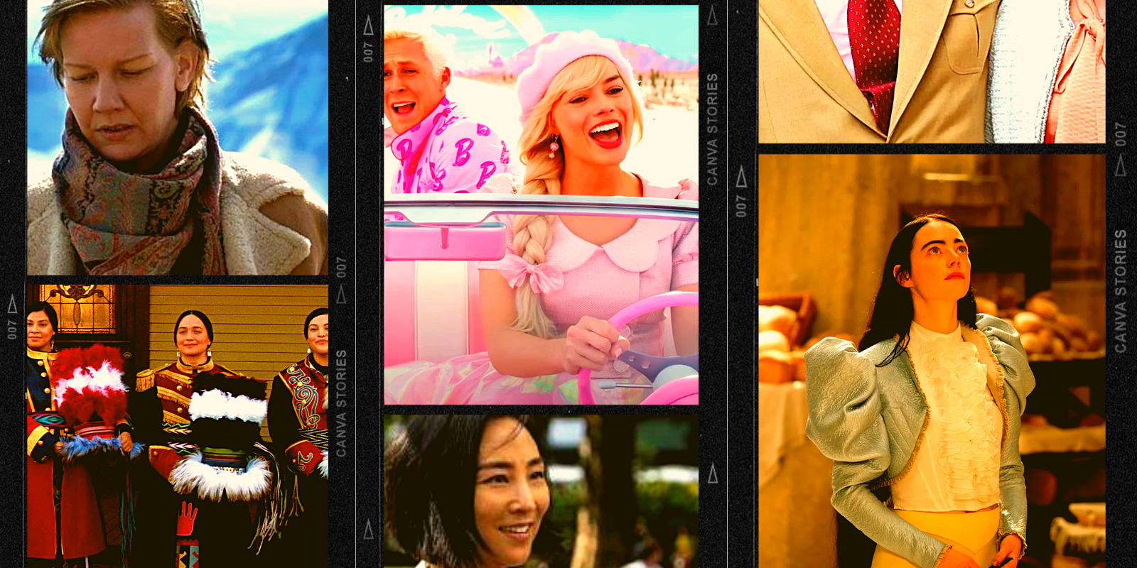 collage of oscars films: anatomy of a fall, barbie, past lives, killer of a flower moon and poor things