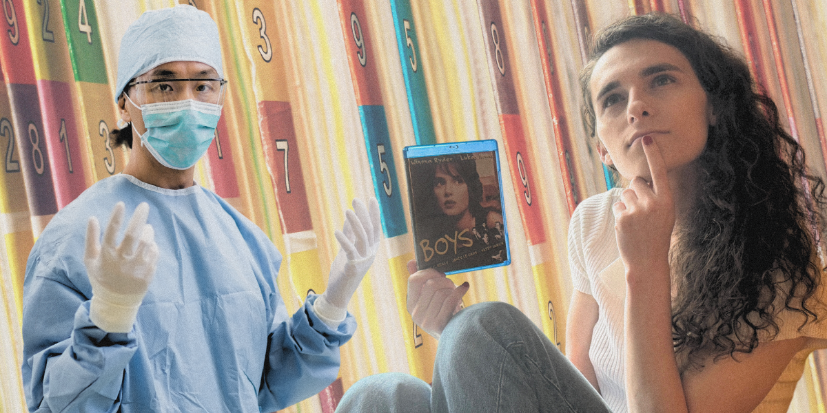 Drew holding a blu-ray of THE BOYS next to a surgeon