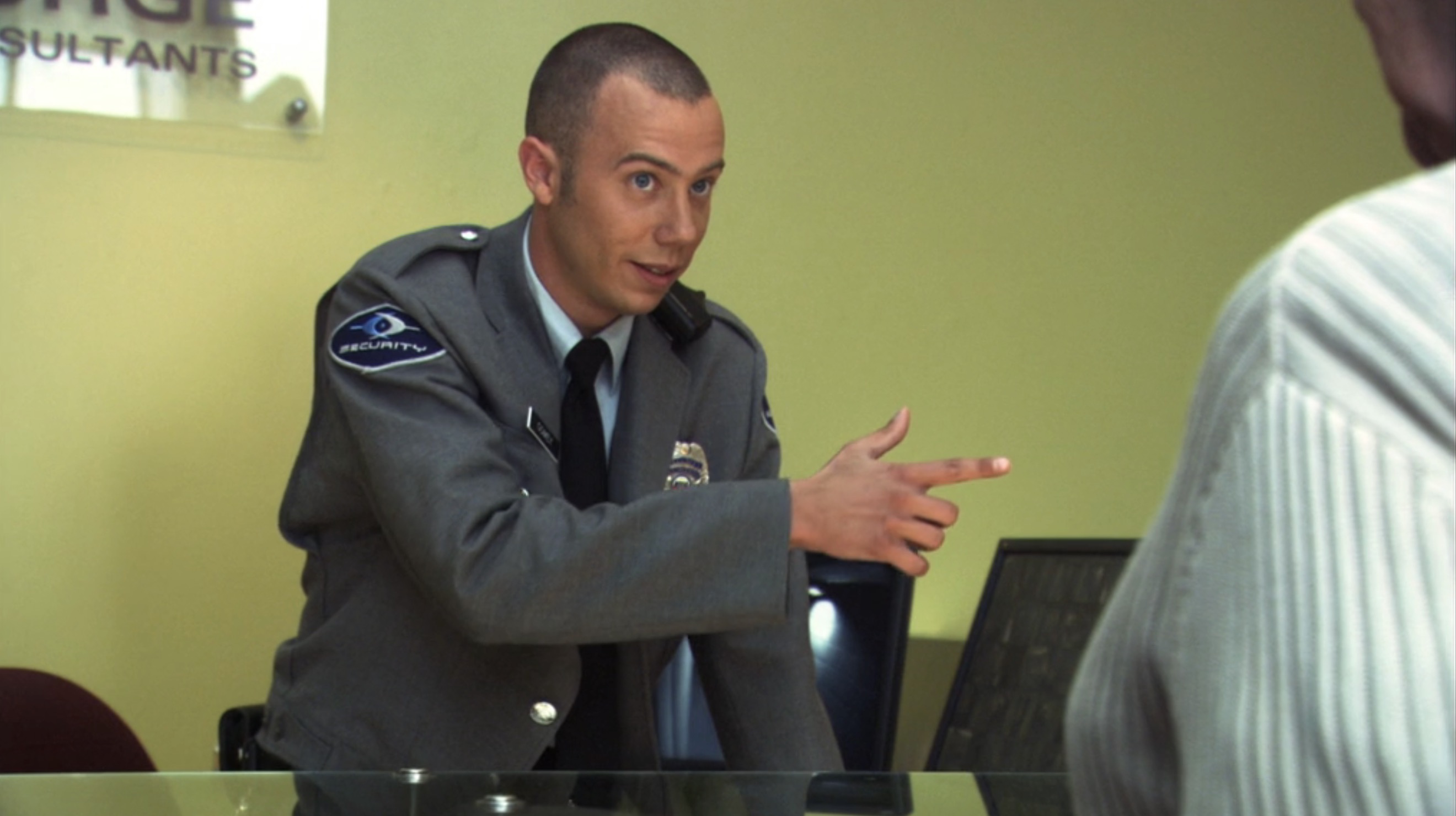 gomey working security at an aparmtent or something