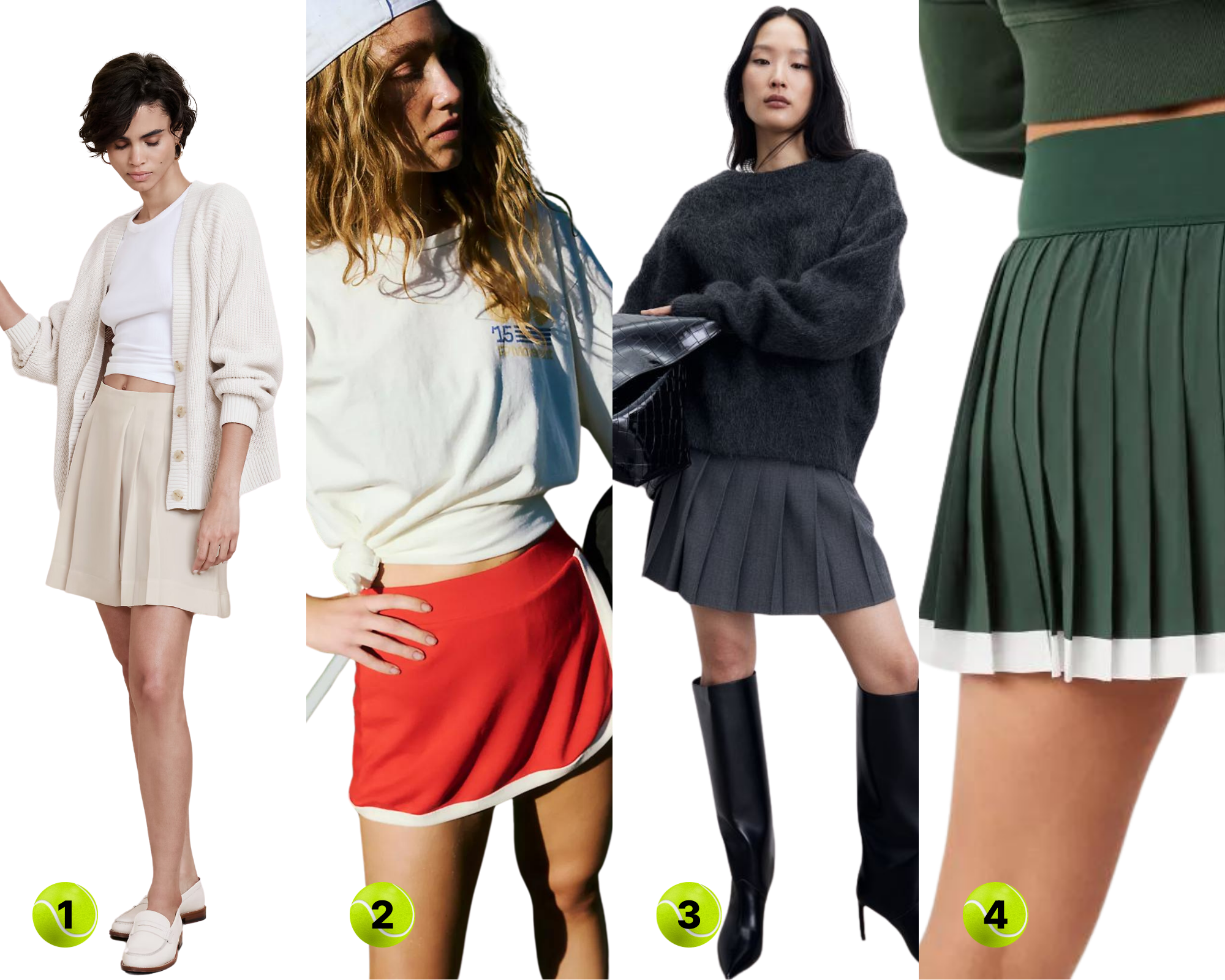 1. Satin Pleated Skort ($38, sizes XXS-XL)2. Red Skort ($58, sizes XS-XL) 3. Pleated Mini Skirt ($35, sizes 0-18) 4. Green Pleated Skort ($45, sizes XXS-XXL)