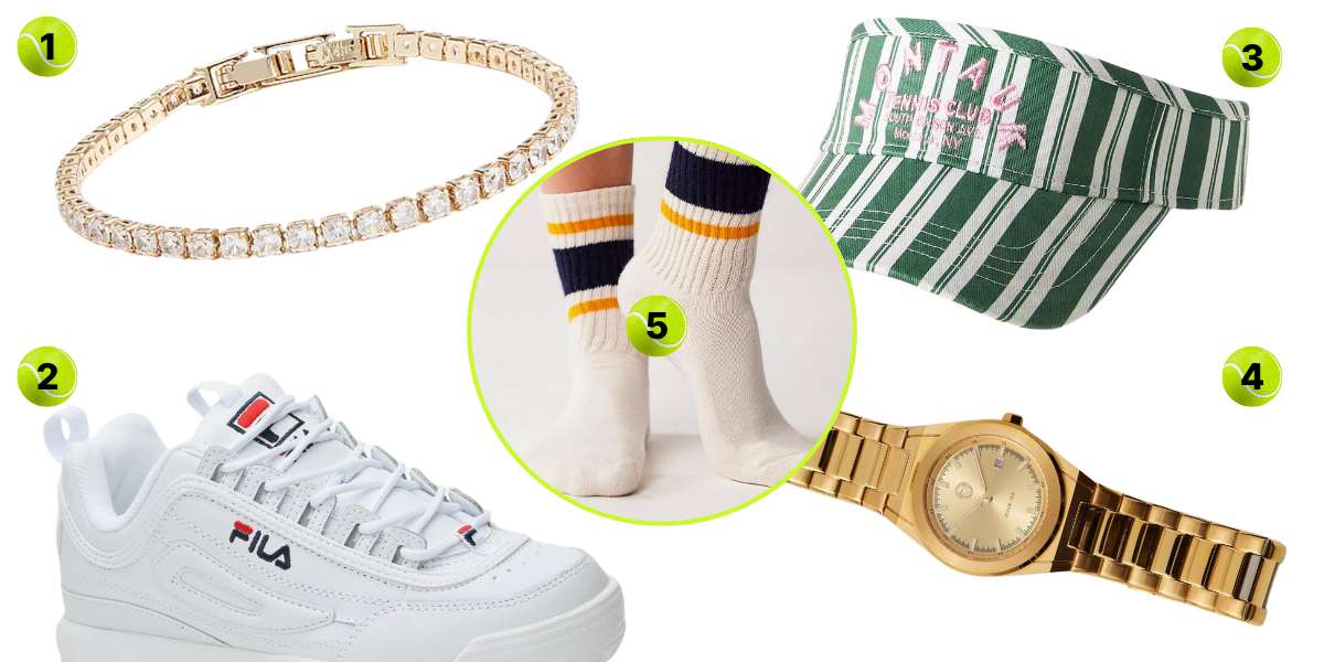 1. Faux Tennis Bracelet ($17)2. FILA Sneaker ($70, sizes 5-11) 3. Visor ($42) 4. Watch ($180) 5. Striped Tube Socks ($14)